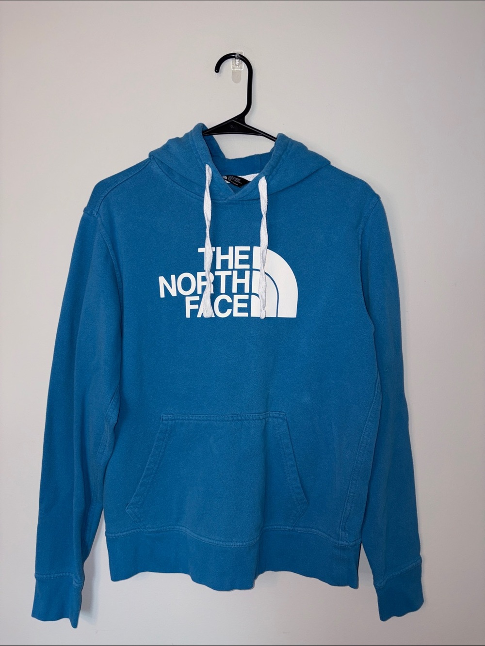 The North Face Men's Teal Blue Crewneck Hoodie with White Logo Small